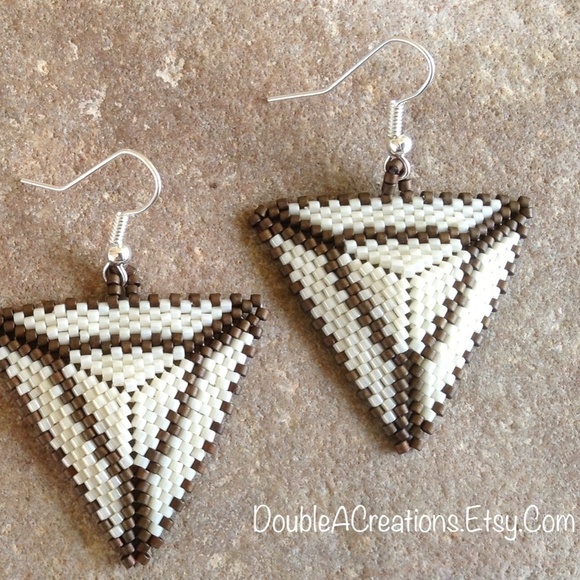 Chocolate and Cream Triangle Beaded Earrings, New, Handmade By Me - Picture 2 of 5